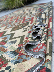 7x10 (215x305) Handmade Afghan Kilim Flatweave Rug | Teal Blue Red Ivory Brown | Boho Tribal Moroccan Outdoor Wool Knotted Woven