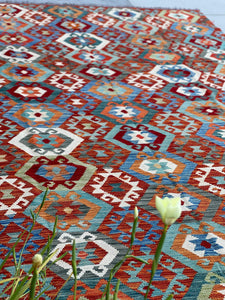 7x10 (215x305) Handmade Afghan Kilim Flatweave Rug | Red Orange Blue Colorful| Boho Tribal Moroccan Outdoor Wool Knotted Woven Turkish