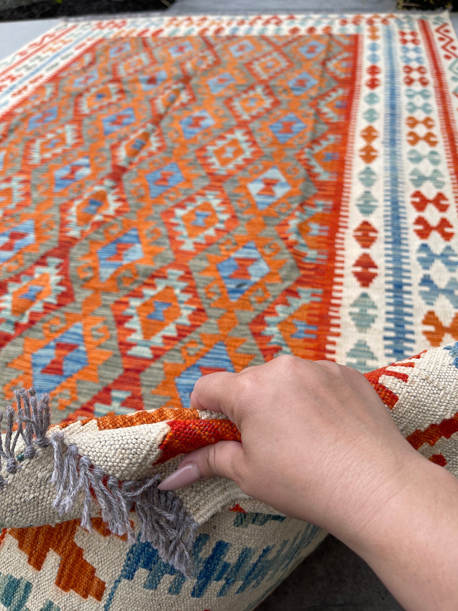 7x10 (215x305) Handmade Afghan Kilim Flatweave Rug | Ivory Blood Orange Green Blue | Boho Tribal Moroccan Outdoor Wool Knotted Woven