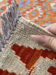 7x10 (215x305) Handmade Afghan Kilim Flatweave Rug | Ivory Blood Orange Green Blue | Boho Tribal Moroccan Outdoor Wool Knotted Woven