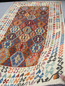 6x10 (180x305) Handmade Afghan Kilim Flatweave Rug | Ivory Cream Orange Colorful | Boho Tribal Moroccan Outdoor Wool Knotted Flatweave