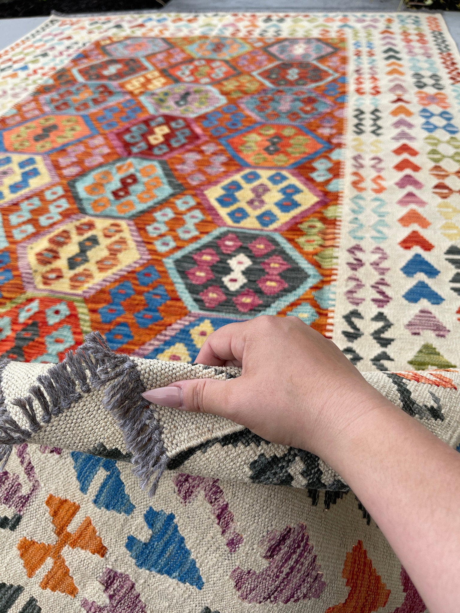 6x10 (180x305) Handmade Afghan Kilim Flatweave Rug | Ivory Cream Orange Colorful | Boho Tribal Moroccan Outdoor Wool Knotted Flatweave