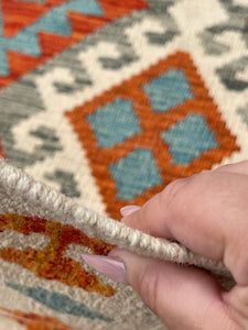7x10 (215x305) Handmade Afghan Kilim Flatweave Rug | Ivory Orange Green Sage | Boho Tribal Moroccan Outdoor Wool Knotted Woven