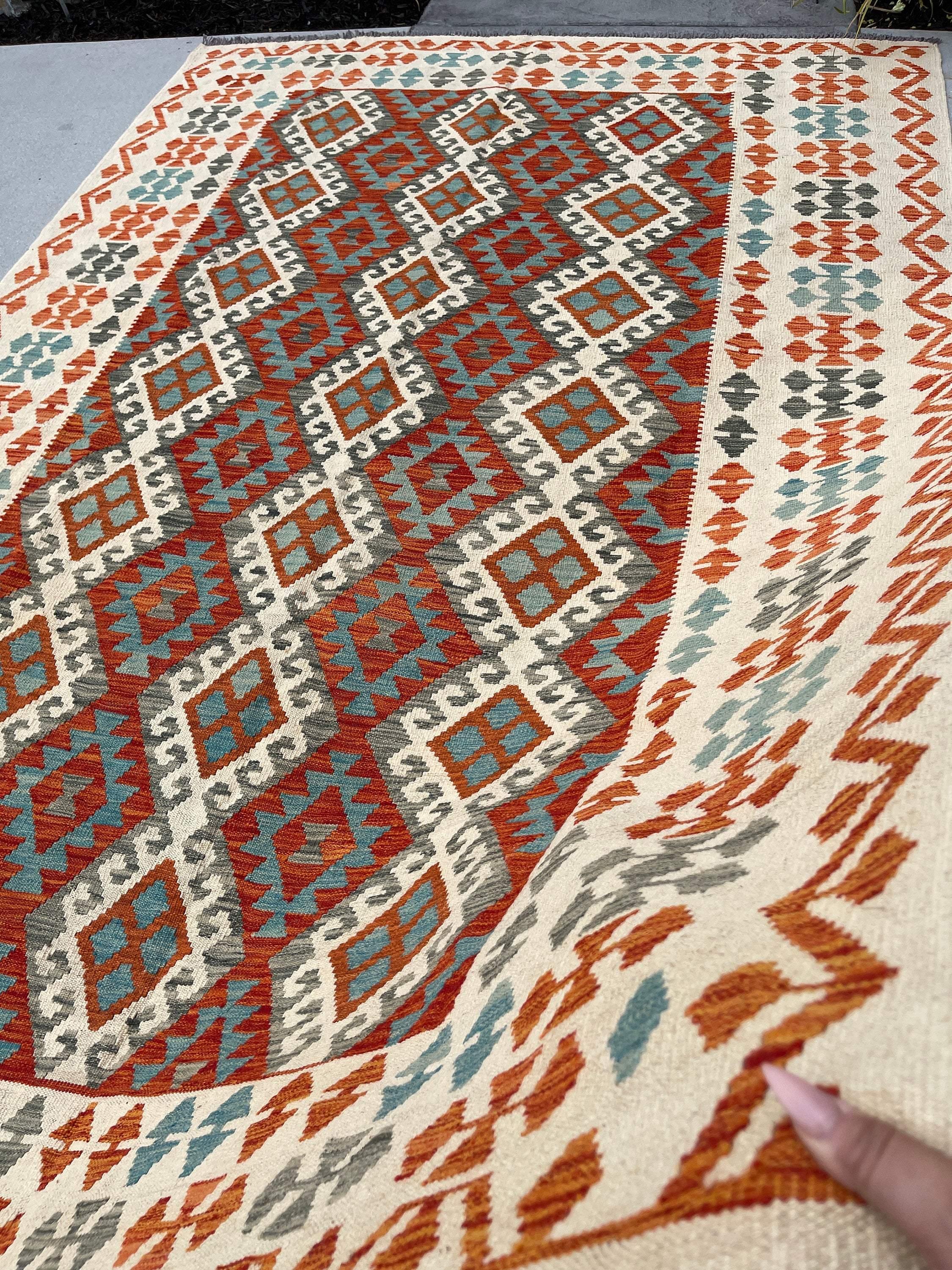 7x10 (215x305) Handmade Afghan Kilim Flatweave Rug | Ivory Orange Green Sage | Boho Tribal Moroccan Outdoor Wool Knotted Woven