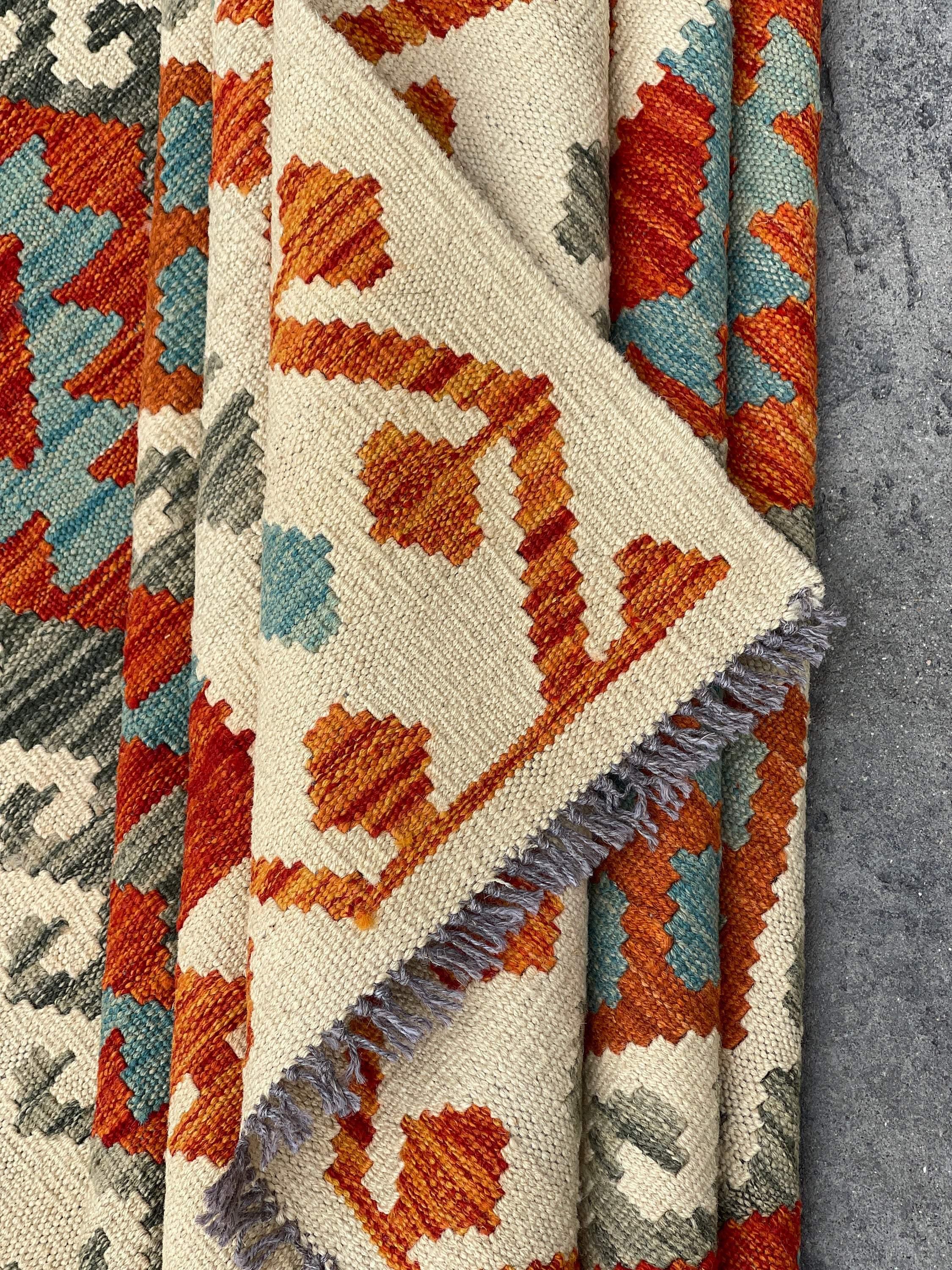 7x10 (215x305) Handmade Afghan Kilim Flatweave Rug | Ivory Orange Green Sage | Boho Tribal Moroccan Outdoor Wool Knotted Woven