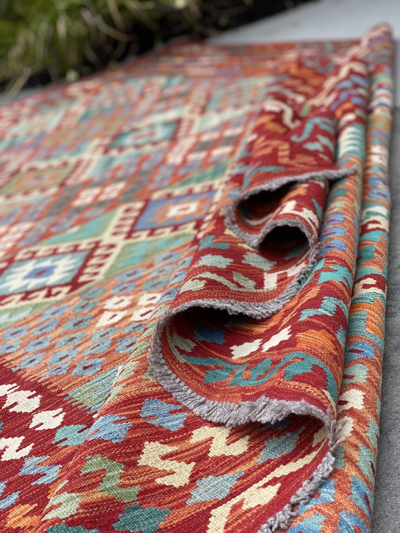 6x10 (180x305) Handmade Afghan Kilim Flatweave Rug | Red Green Sage Orange Blue  | Boho Tribal Moroccan Outdoor Wool Knotted Flatweave