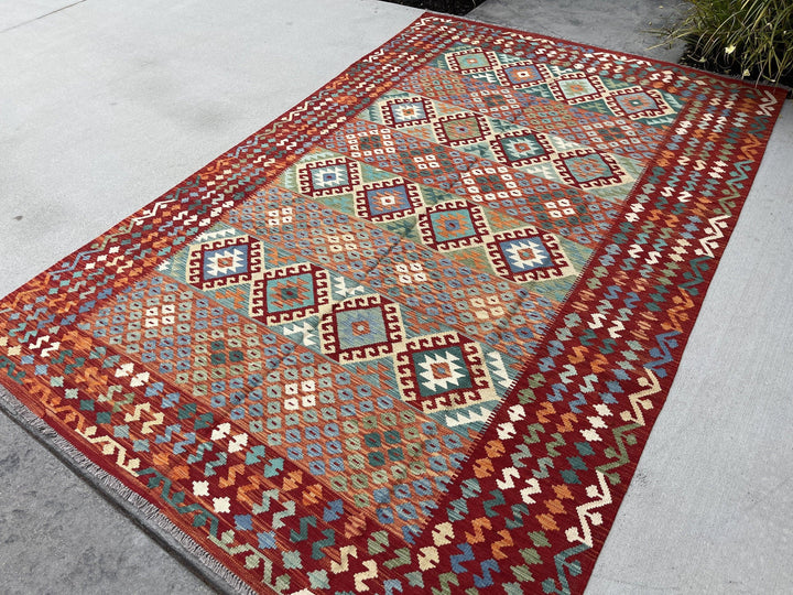 6x10 (180x305) Handmade Afghan Kilim Flatweave Rug | Red Green Sage Orange Blue  | Boho Tribal Moroccan Outdoor Wool Knotted Flatweave