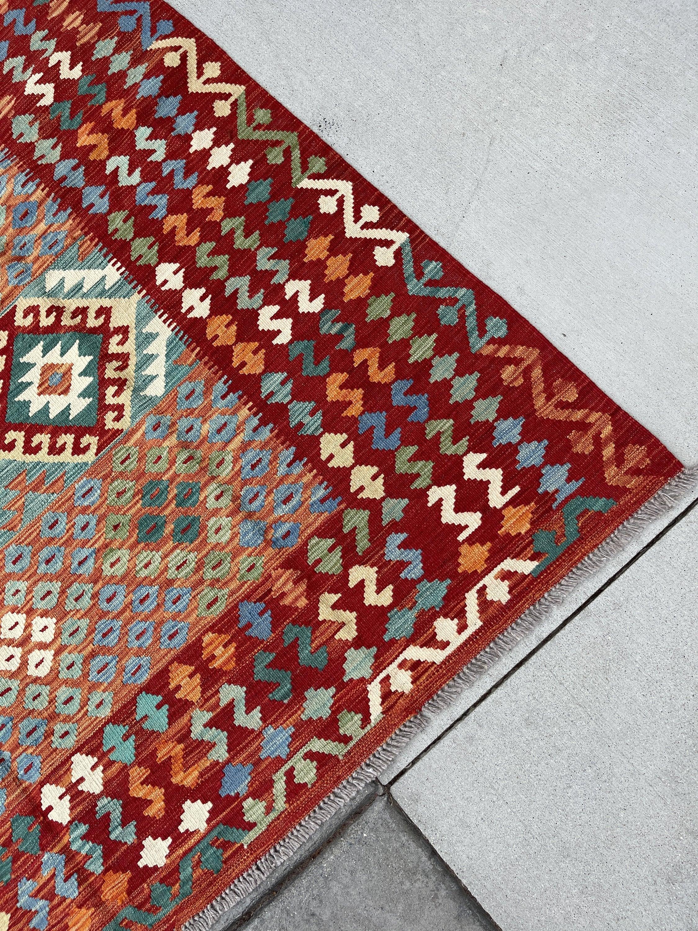 6x10 (180x305) Handmade Afghan Kilim Flatweave Rug | Red Green Sage Orange Blue  | Boho Tribal Moroccan Outdoor Wool Knotted Flatweave