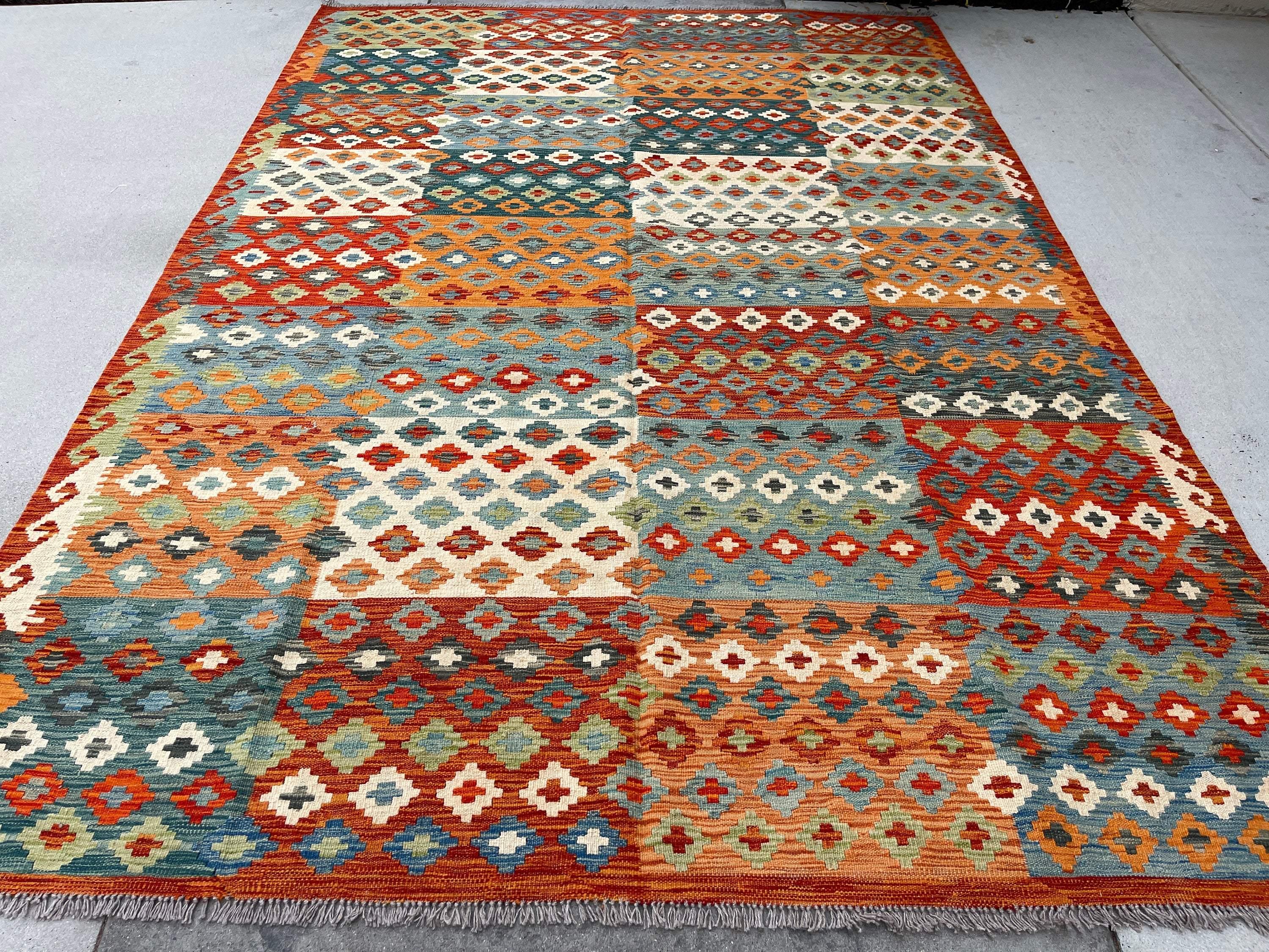 7x10 (215x305) Handmade Afghan Kilim Flatweave Rug | Orange Ivory Green Blue | Boho Tribal Moroccan Outdoor Wool Knotted Woven