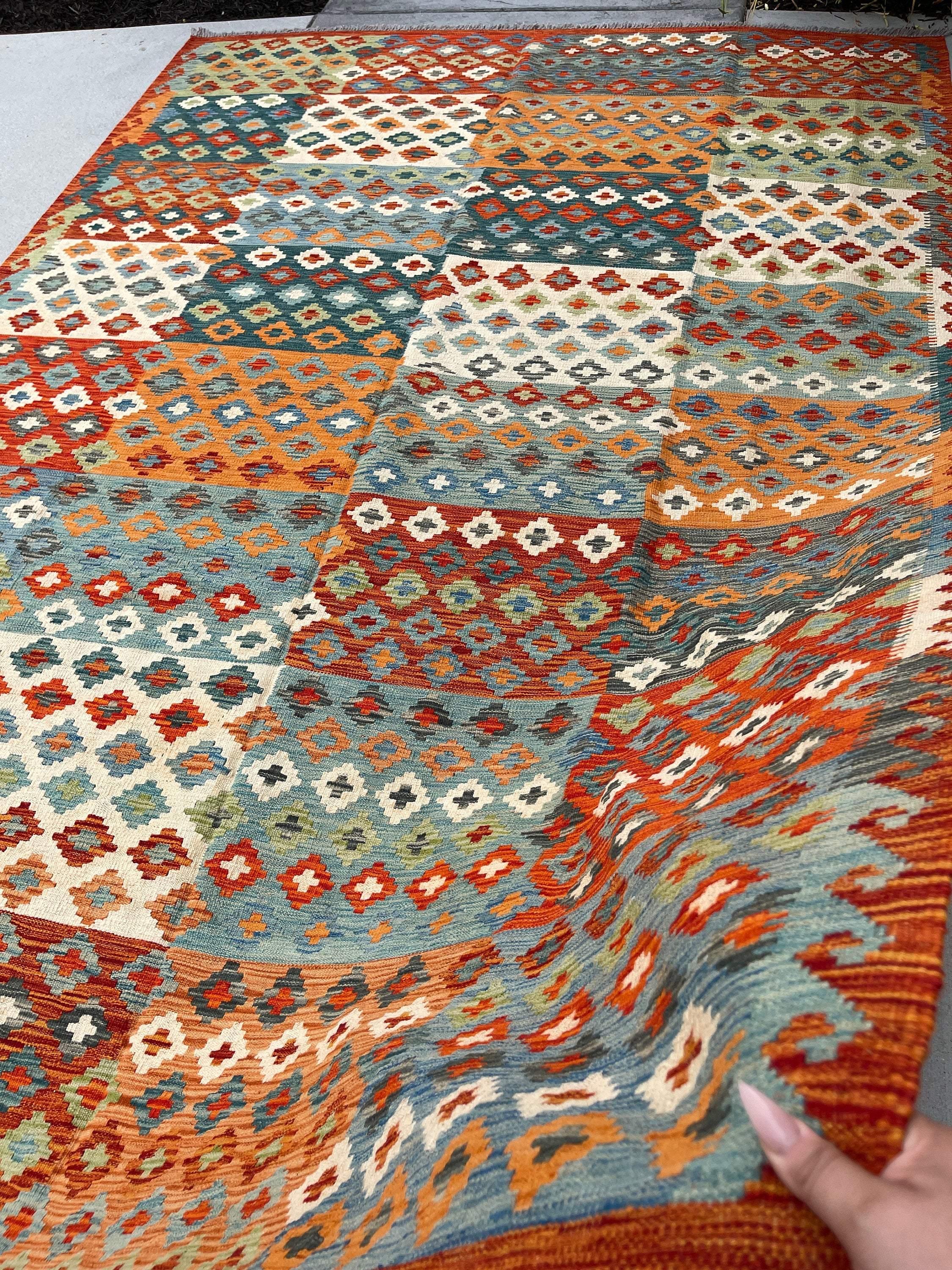 7x10 (215x305) Handmade Afghan Kilim Flatweave Rug | Orange Ivory Green Blue | Boho Tribal Moroccan Outdoor Wool Knotted Woven