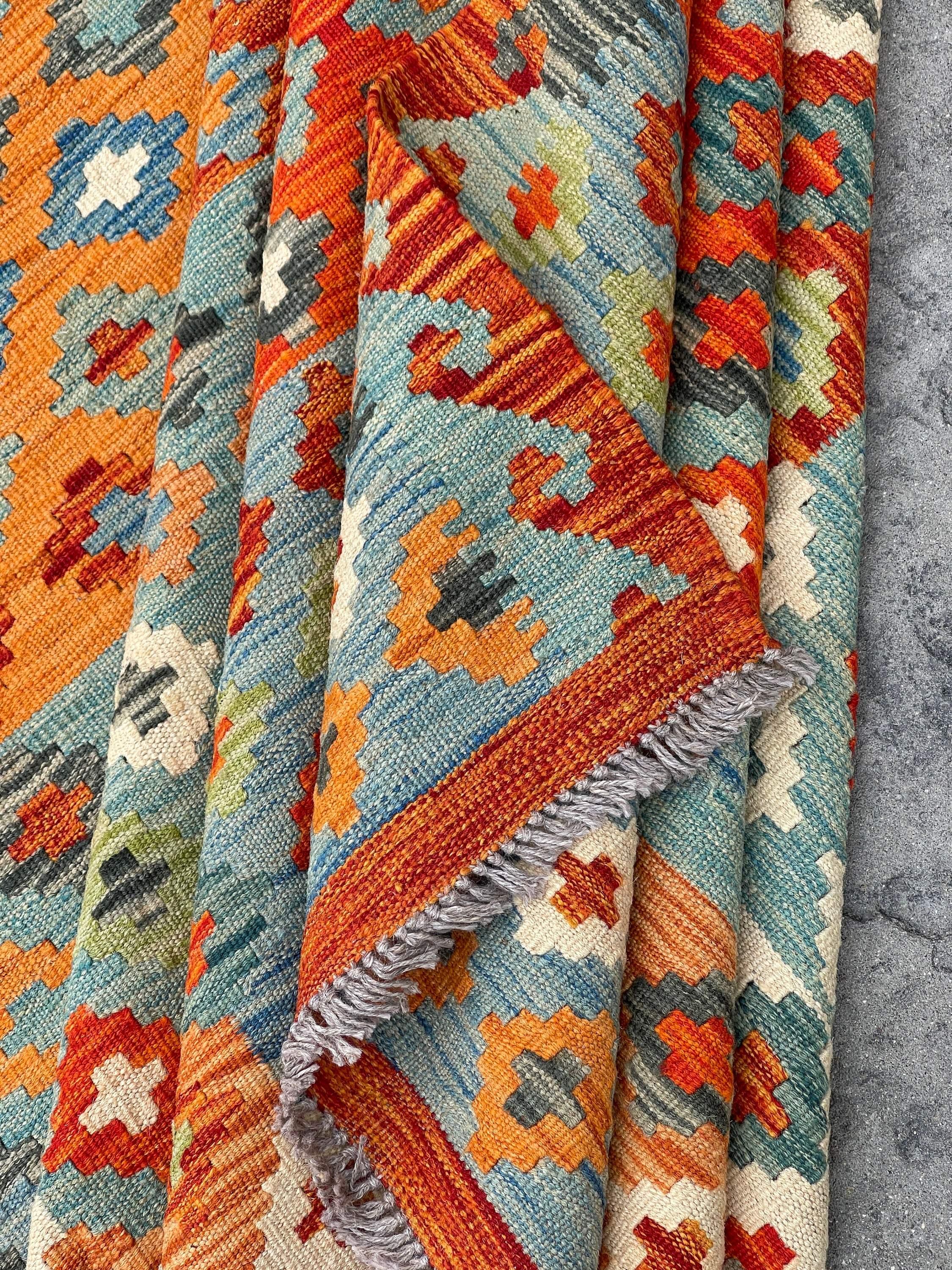 7x10 (215x305) Handmade Afghan Kilim Flatweave Rug | Orange Ivory Green Blue | Boho Tribal Moroccan Outdoor Wool Knotted Woven