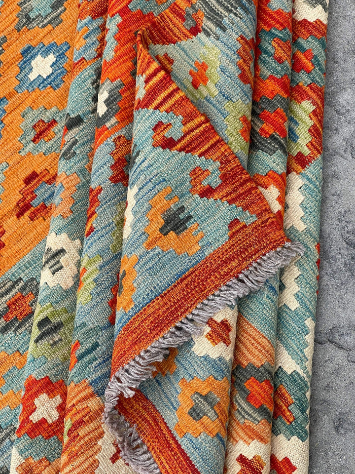 7x10 (215x305) Handmade Afghan Kilim Flatweave Rug | Orange Ivory Green Blue | Boho Tribal Moroccan Outdoor Wool Knotted Woven