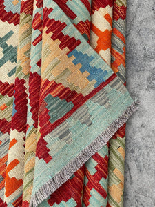 7x10 (215x305) Handmade Afghan Kilim Flatweave Rug | Green Sage Orange Blue Ivory Colorful | Boho Tribal Moroccan Outdoor Wool Knotted Woven