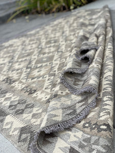 5x7 (150x200) Handmade Kilim Afghan Rug | Light Grey Gray Ivory Cream Neutral | Flatweave Tribal Nomadic Turkish Moroccan Outdoor Wool