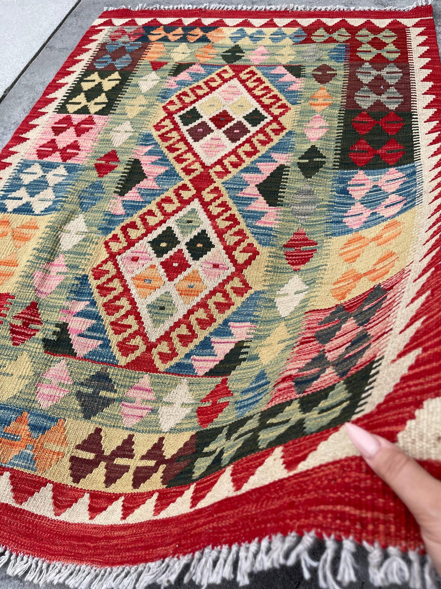 3x5 (90x150) Handmade Afghan Kilim Runner Rug | Red Ivory Sage Green Orange pink |Flatweave Flat Weave Tribal Turkish Moroccan Oriental Wool