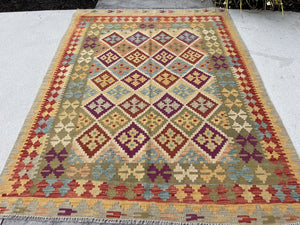 5x7 (150x215) Handmade Afghan Kilim Rug | Burnt Orange Cream Sage Purple Sky Blue | Flatweave Boho Tribal Turkish Moroccan Oriental Wool