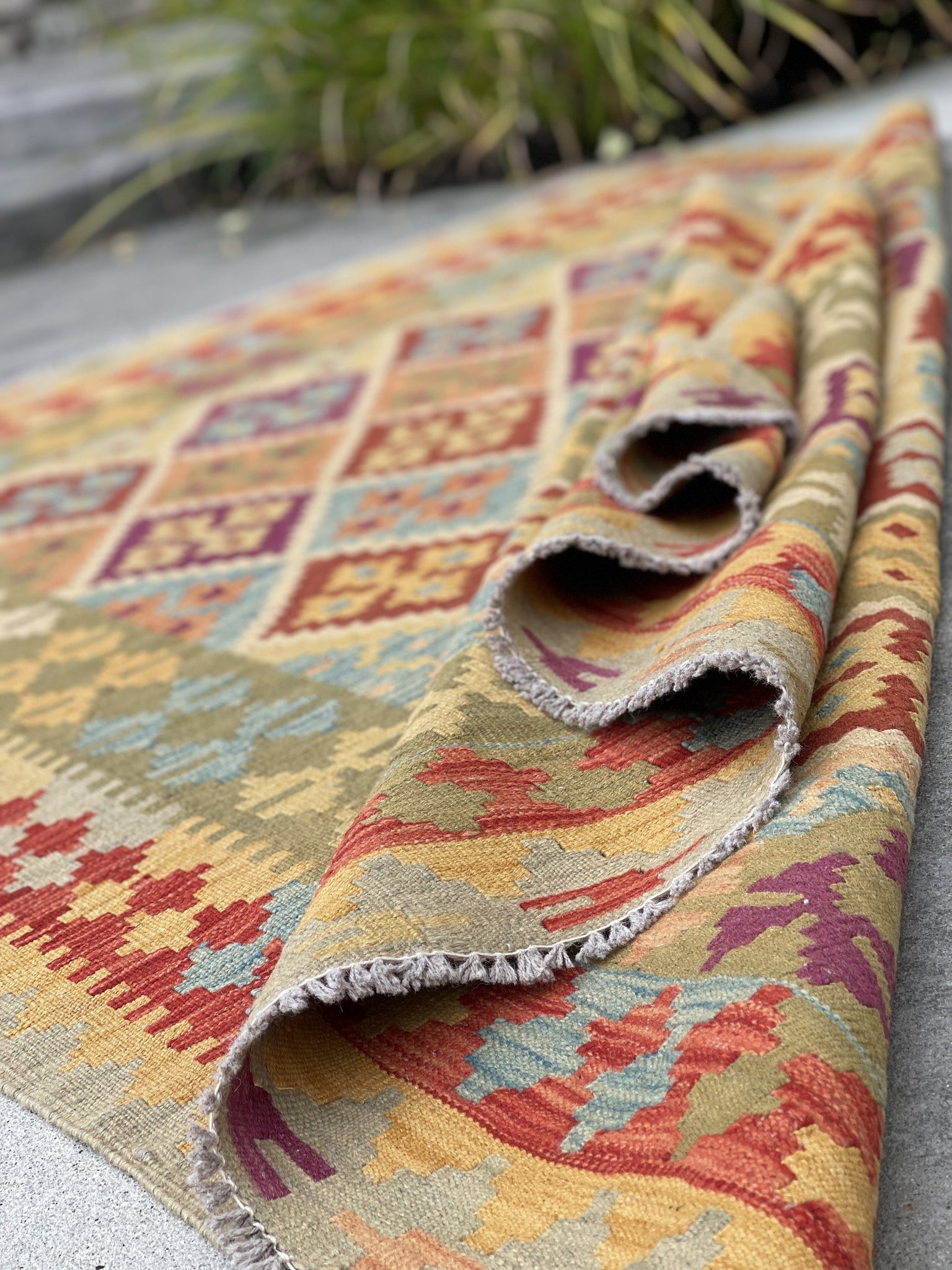 5x7 (150x215) Handmade Afghan Kilim Rug | Burnt Orange Cream Sage Purple Sky Blue | Flatweave Boho Tribal Turkish Moroccan Oriental Wool