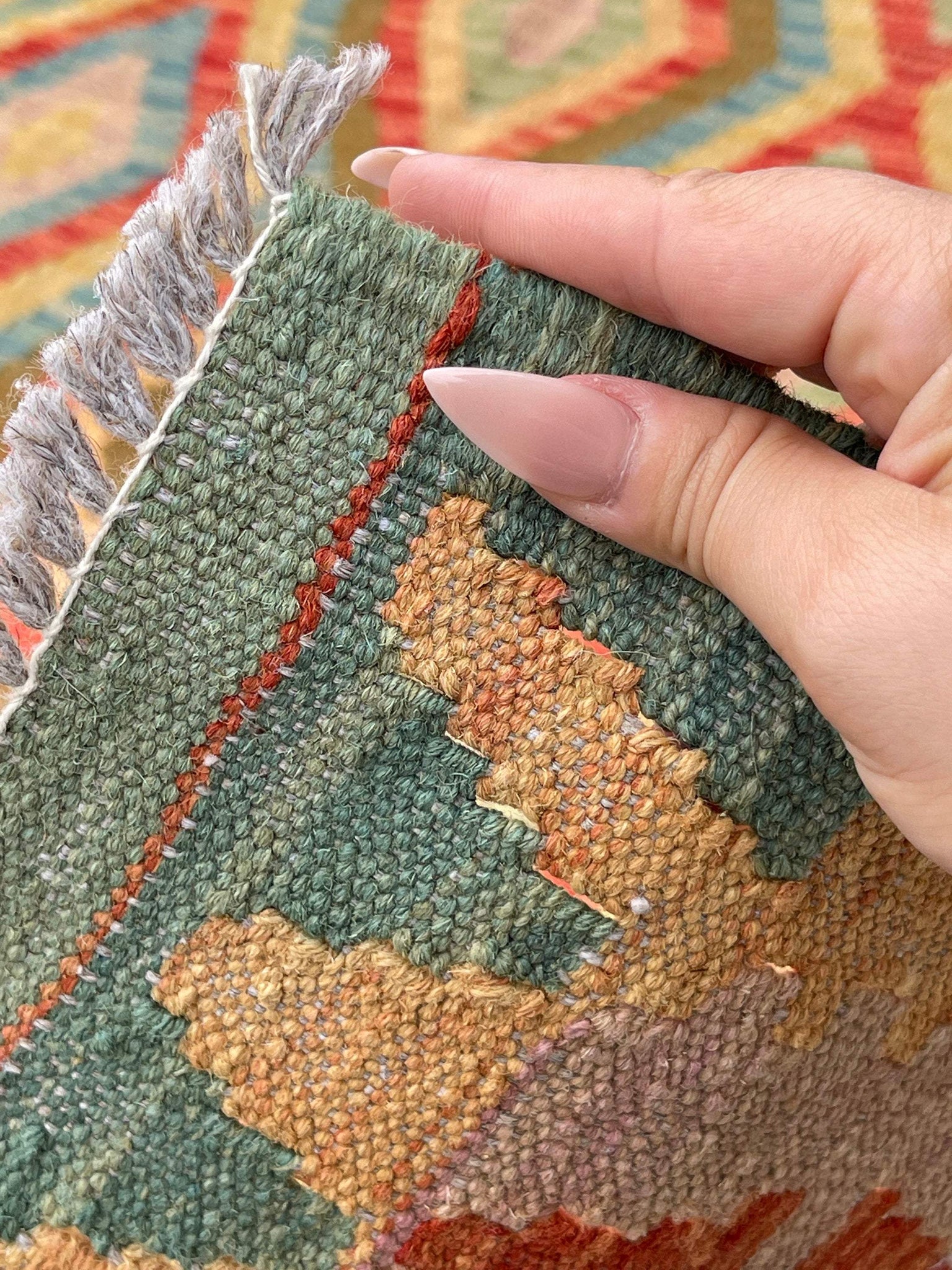 5x7 (150x215) Handmade Afghan Kilim Rug |Burnt Orange Moss Green Turquoise Salmon Pink| Flatweave Boho Tribal Turkish Moroccan Oriental Wool