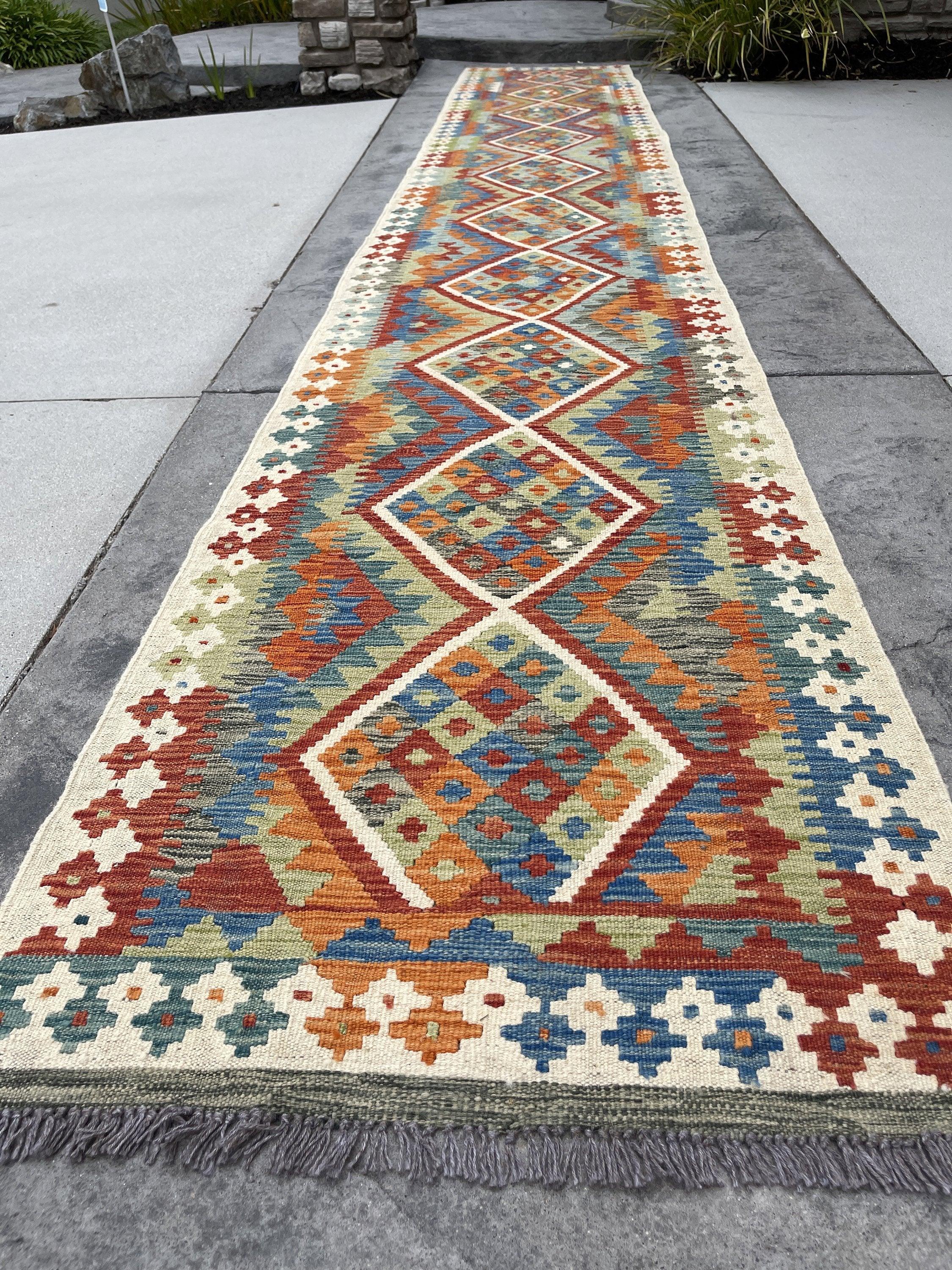 3x16 (90x490) Handmade Kilim Afghan Runner Rug | Burnt Orange Ivory Cream Sage Green Turquoise | Flat Weave Flatweave Tribal Nomadic Turkish