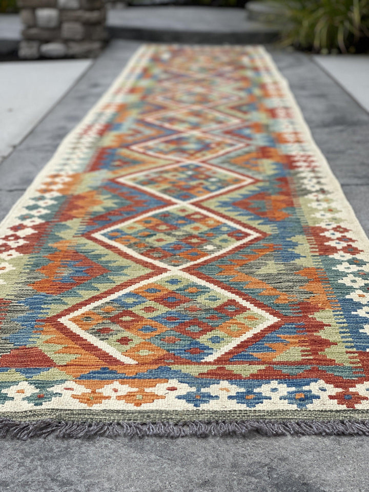 3x16 (90x490) Handmade Kilim Afghan Runner Rug | Burnt Orange Ivory Cream Sage Green Turquoise | Flat Weave Flatweave Tribal Nomadic Turkish