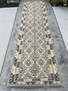 3x10 (90x305) Handmade Afghan Kilim Runner Rug | Light Grey Gray Ivory Cream | Flatweave Flat Weave Tribal Turkish Moroccan Oriental Wool