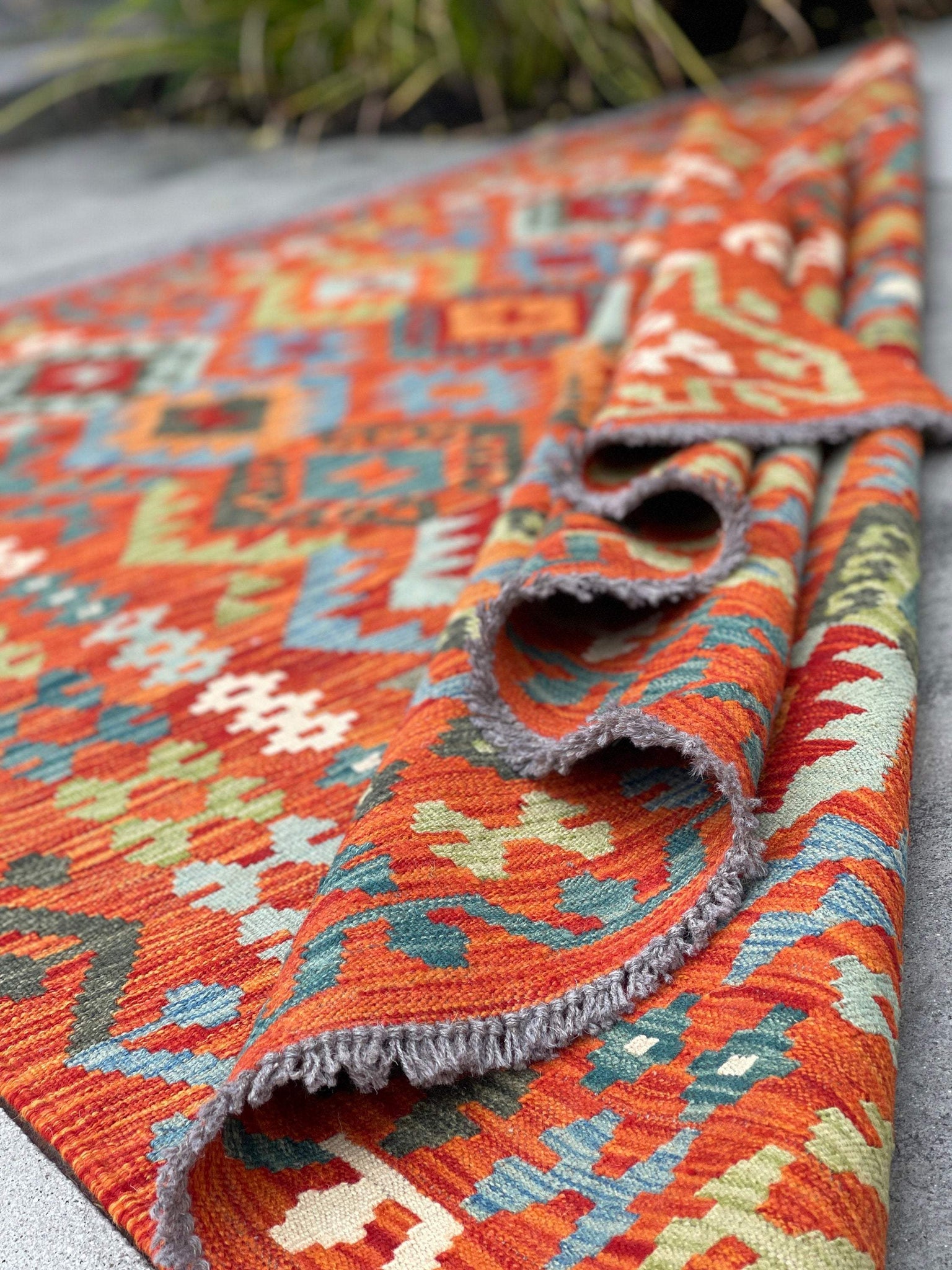 5x6 (150x180) Handmade Afghan Kilim Rug | Burnt Orange Red Sage Turquoise | Flatweave Boho Tribal Turkish Moroccan Oriental Wool Outdoor