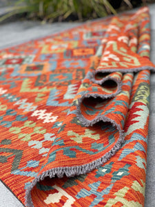 5x6 (150x180) Handmade Afghan Kilim Rug | Burnt Orange Red Sage Turquoise | Flatweave Boho Tribal Turkish Moroccan Oriental Wool Outdoor