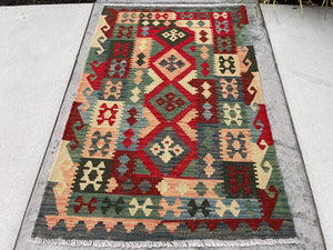 3x5 (120x150) Handmade Afghan Kilim Runner Rug | Sage Fern Red Ivory Salmon Pink Turquoise | Flatweave Tribal Turkish Moroccan Oriental Wool
