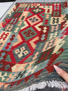 3x5 (120x150) Handmade Afghan Kilim Runner Rug | Sage Fern Red Ivory Salmon Pink Turquoise | Flatweave Tribal Turkish Moroccan Oriental Wool