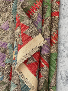 6x9 (180x275) Handmade Afghan Kilim Rug | Olive Green Burnt Orange Purple Blue | Boho Bohemian Tribal Moroccan Turkish Wool Outdoor