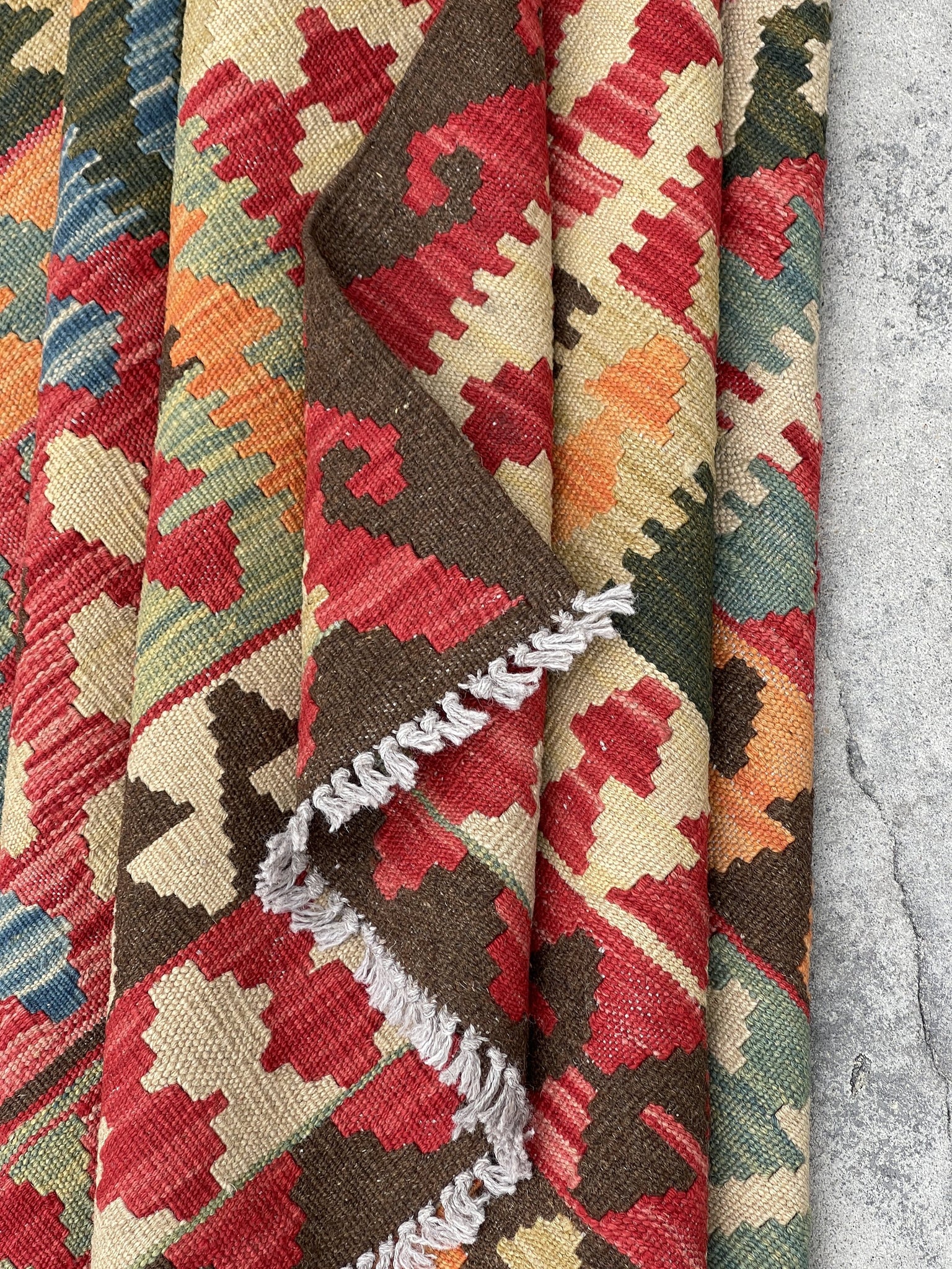 7x10 (215x305) Handmade Afghan Kilim Flatweave Rug | Mocha Green Red Cream Blue Orange | Boho Tribal Moroccan Outdoor Wool Turkish