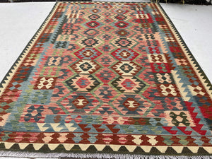 7x10 (215x305) Handmade Afghan Kilim Flatweave Rug | Olive Green Brown Cream Red Sky Blue Salmon Pink | Boho Moroccan Outdoor Wool Turkish