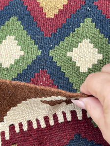 2x7 (60x215) Handmade Afghan Kilim Rug | Ivory Khaki Gold Brown Red Green Blue | Boho Bohemian Vintage Tribal Moroccan Turkish Outdoor