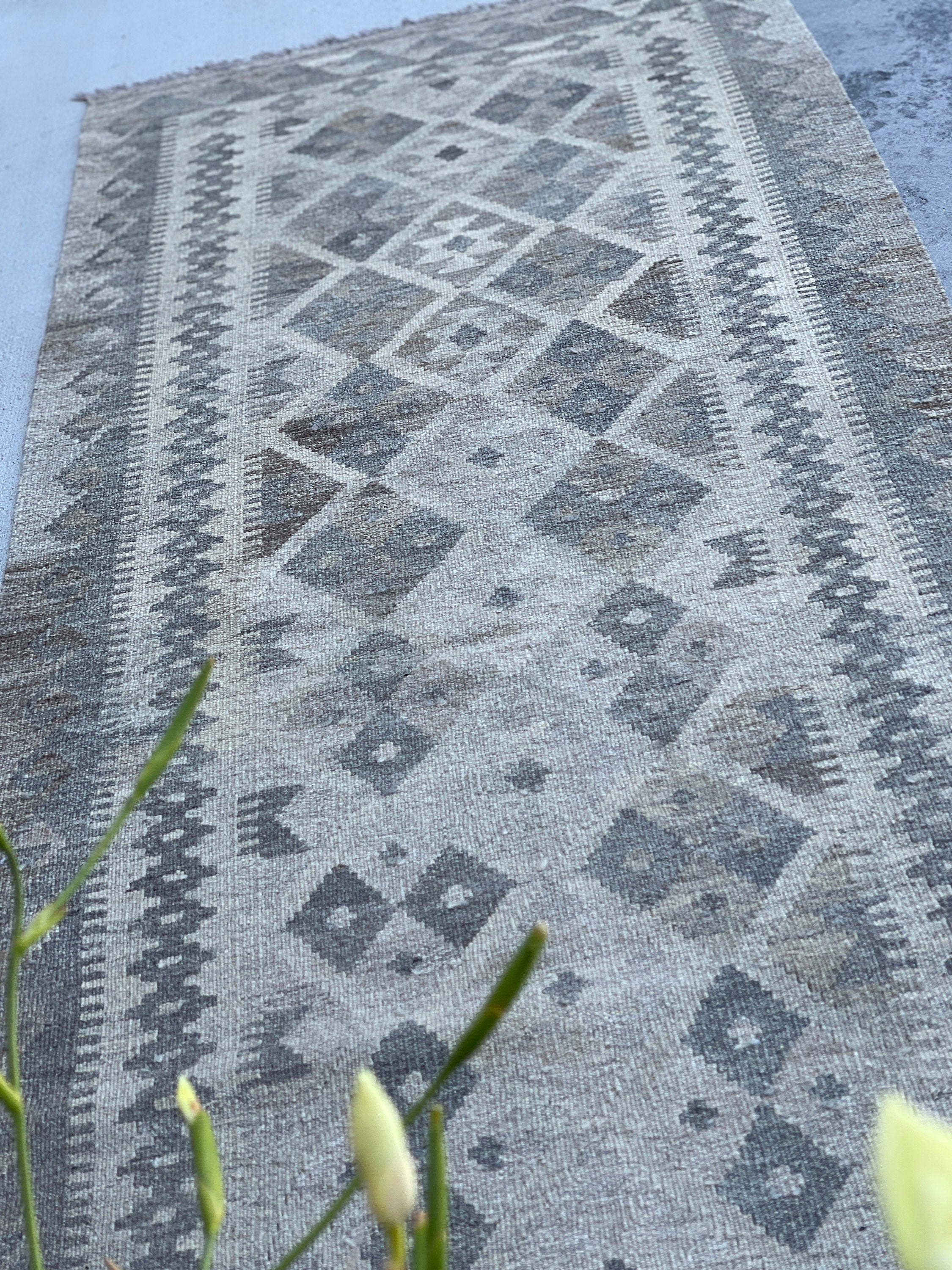 3x8 (90x245) Handmade Afghan Kilim Runner Rug | Light Grey Gray Beige Light Brown | Flatweave Flat Weave Tribal Turkish Moroccan Oriental