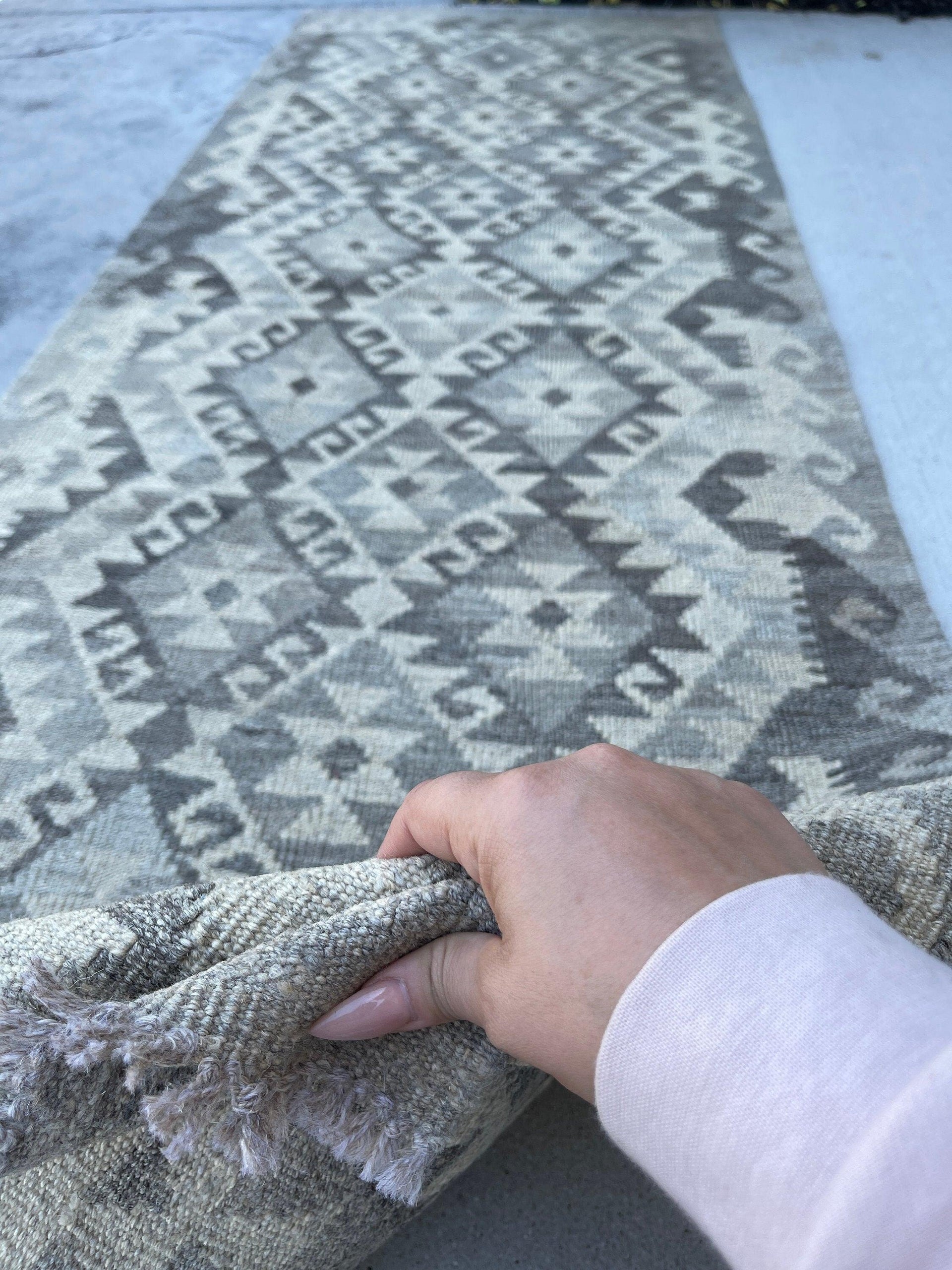 3x8 (90x245) Handmade Afghan Kilim Runner Rug | Light Grey Gray Beige | Flatweave Flat Weave Tribal Turkish Moroccan Oriental Wool