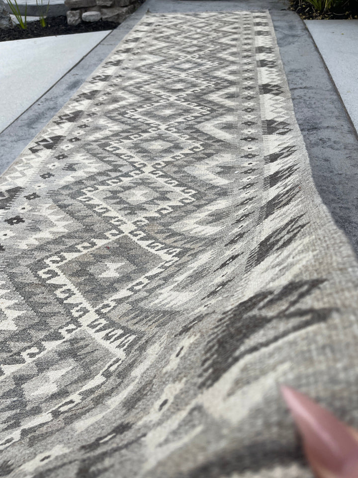 3x11 (90x335) Handmade Afghan Kilim Runner Rug | Light Grey Gray Ivory Cream | Flatweave Flat Weave Tribal Turkish Moroccan Oriental Wool