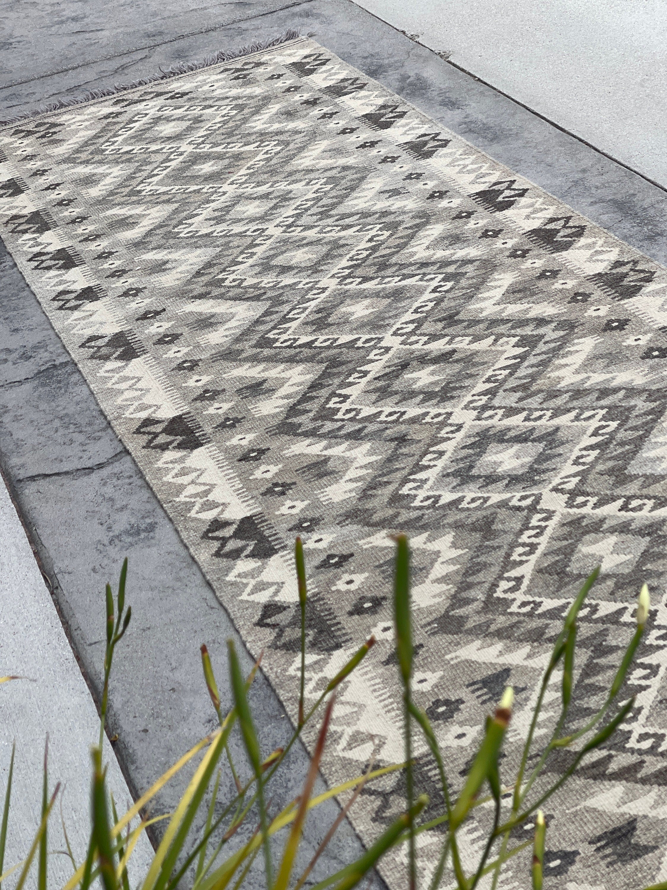 3x11 (90x335) Handmade Afghan Kilim Runner Rug | Light Grey Gray Ivory Cream | Flatweave Flat Weave Tribal Turkish Moroccan Oriental Wool