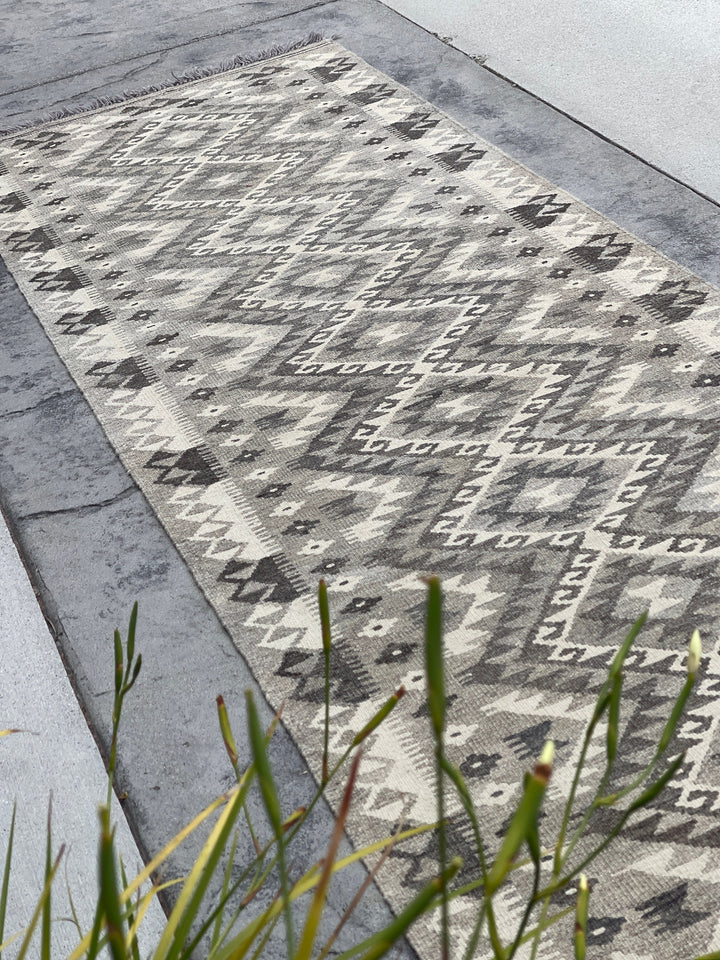 3x11 (90x335) Handmade Afghan Kilim Runner Rug | Light Grey Gray Ivory Cream | Flatweave Flat Weave Tribal Turkish Moroccan Oriental Wool