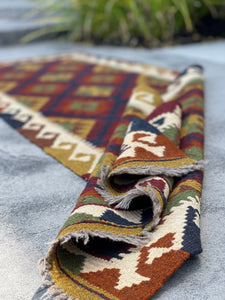 2x7 (60x215) Handmade Afghan Kilim Rug | Gold Ivory Orange Red Blue Green | Boho Bohemian Vintage Tribal Moroccan Turkish Outdoor