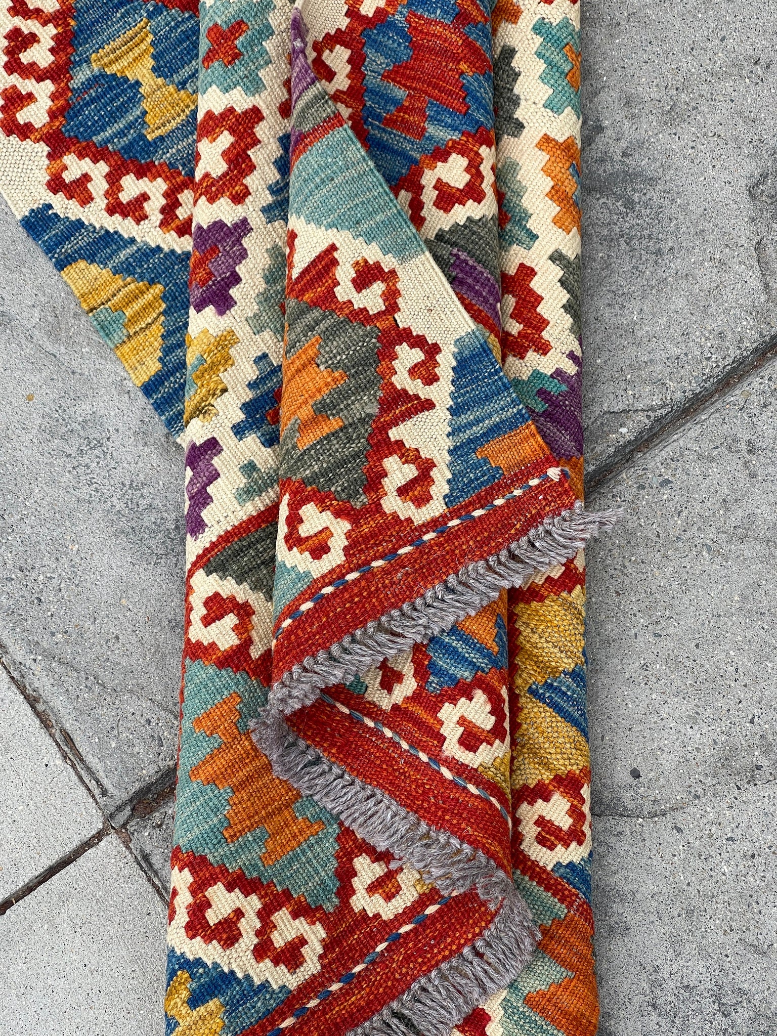 3x13 (90x395) Handmade Afghan Kilim Rug Runner | Ivory Cream Red Yellow Purple Orange Colorful | Flatweave Flat Weave Tribal Oriental Boho