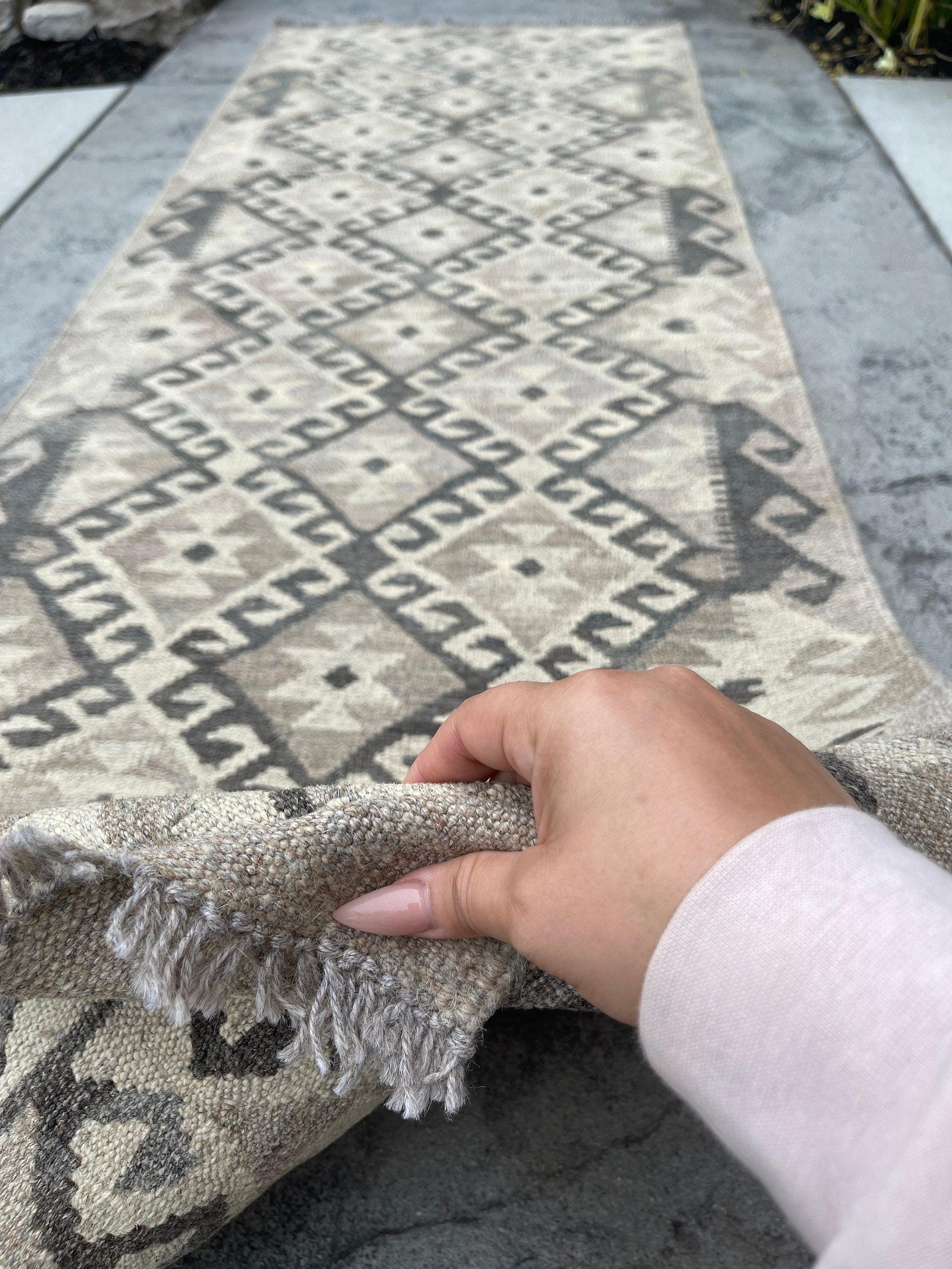 3x8 (90x245) Handmade Afghan Kilim Runner Rug | Light Grey Gray Ivory Cream | Flatweave Flat Weave Tribal Turkish Moroccan Oriental Wool