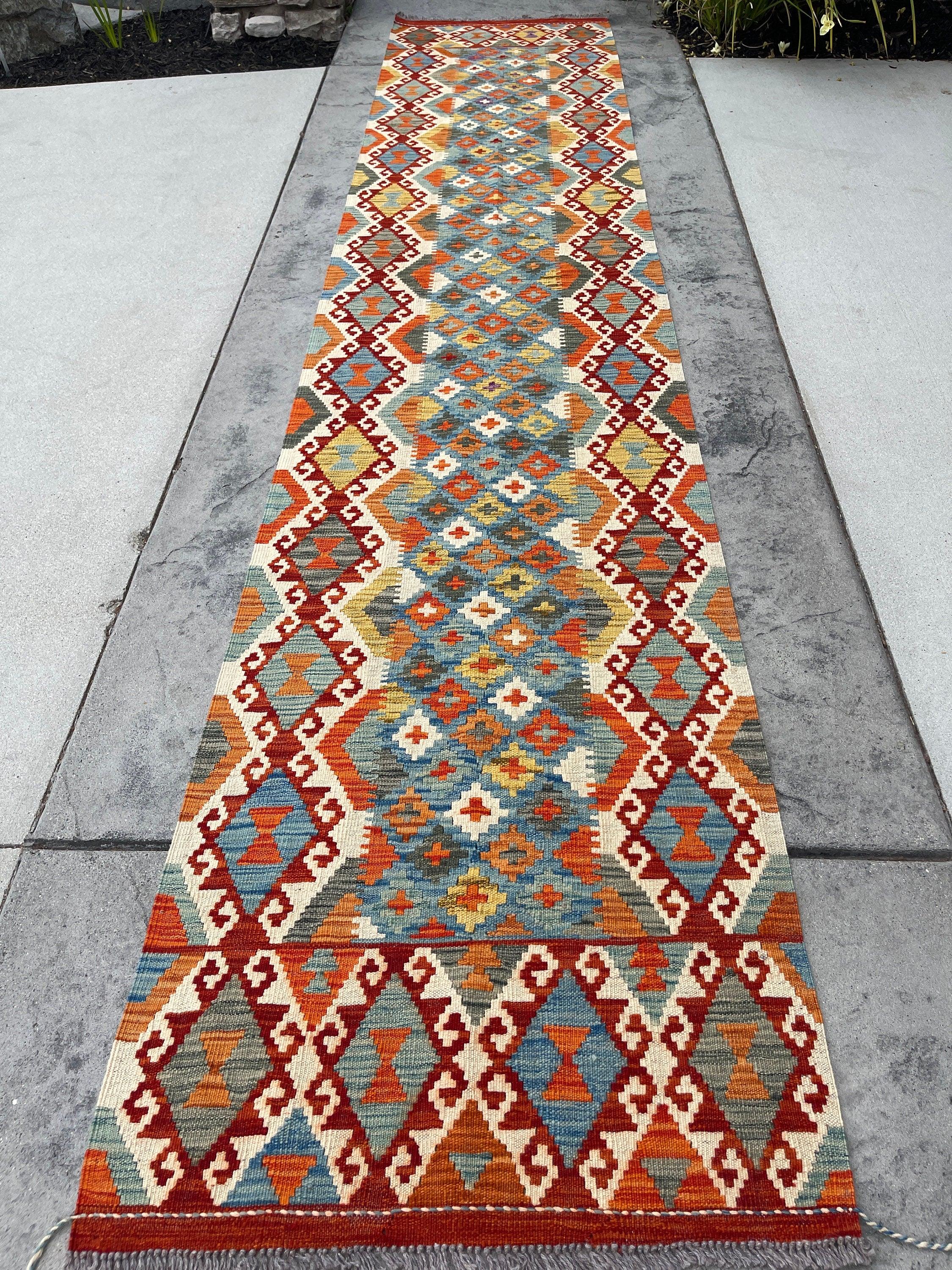 3x13 (90x395) Handmade Afghan Kilim Rug Runner | Orange Red Ivory Cream Yellow Blue Colorful | Flatweave Flat Weave Tribal Oriental Boho