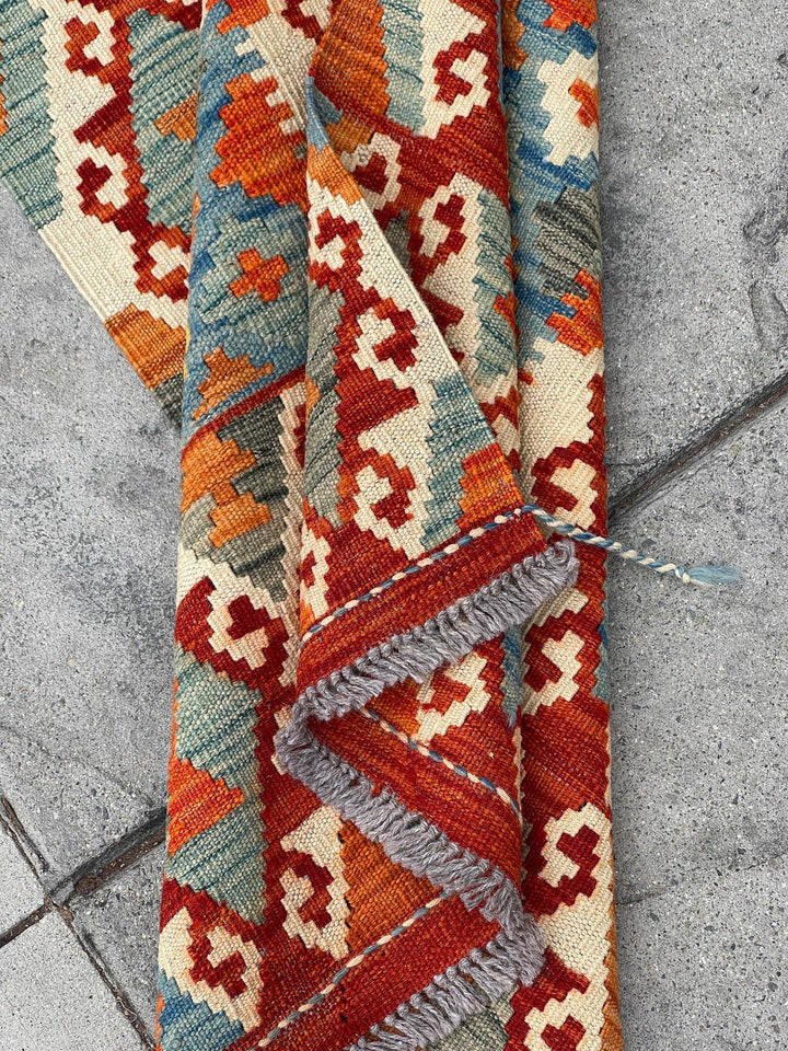 3x13 (90x395) Handmade Afghan Kilim Rug Runner | Orange Red Ivory Cream Yellow Blue Colorful | Flatweave Flat Weave Tribal Oriental Boho