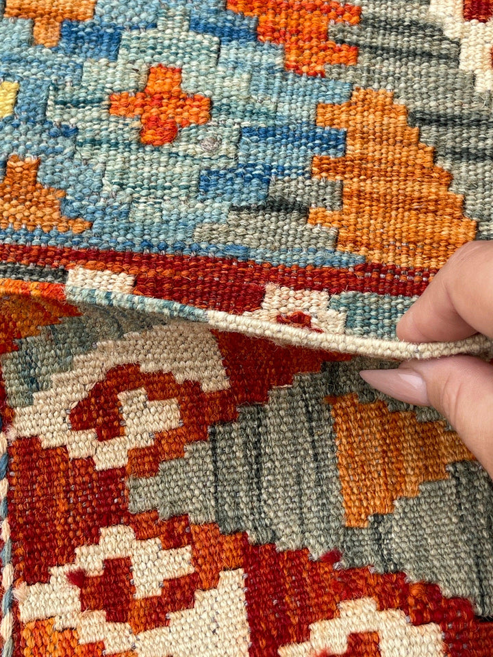 3x13 (90x395) Handmade Afghan Kilim Rug Runner | Orange Red Ivory Cream Yellow Blue Colorful | Flatweave Flat Weave Tribal Oriental Boho