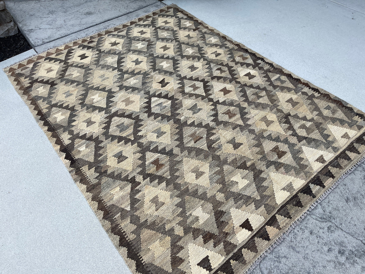 5x7 (150x200) Handmade Kilim Afghan Rug | Beige Grey Gray Dark Brown | Flatweave Tribal Nomadic Turkish Moroccan Outdoor Wool Persian