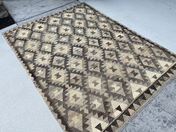 5x7 (150x200) Handmade Kilim Afghan Rug | Beige Grey Gray Dark Brown | Flatweave Tribal Nomadic Turkish Moroccan Outdoor Wool Persian