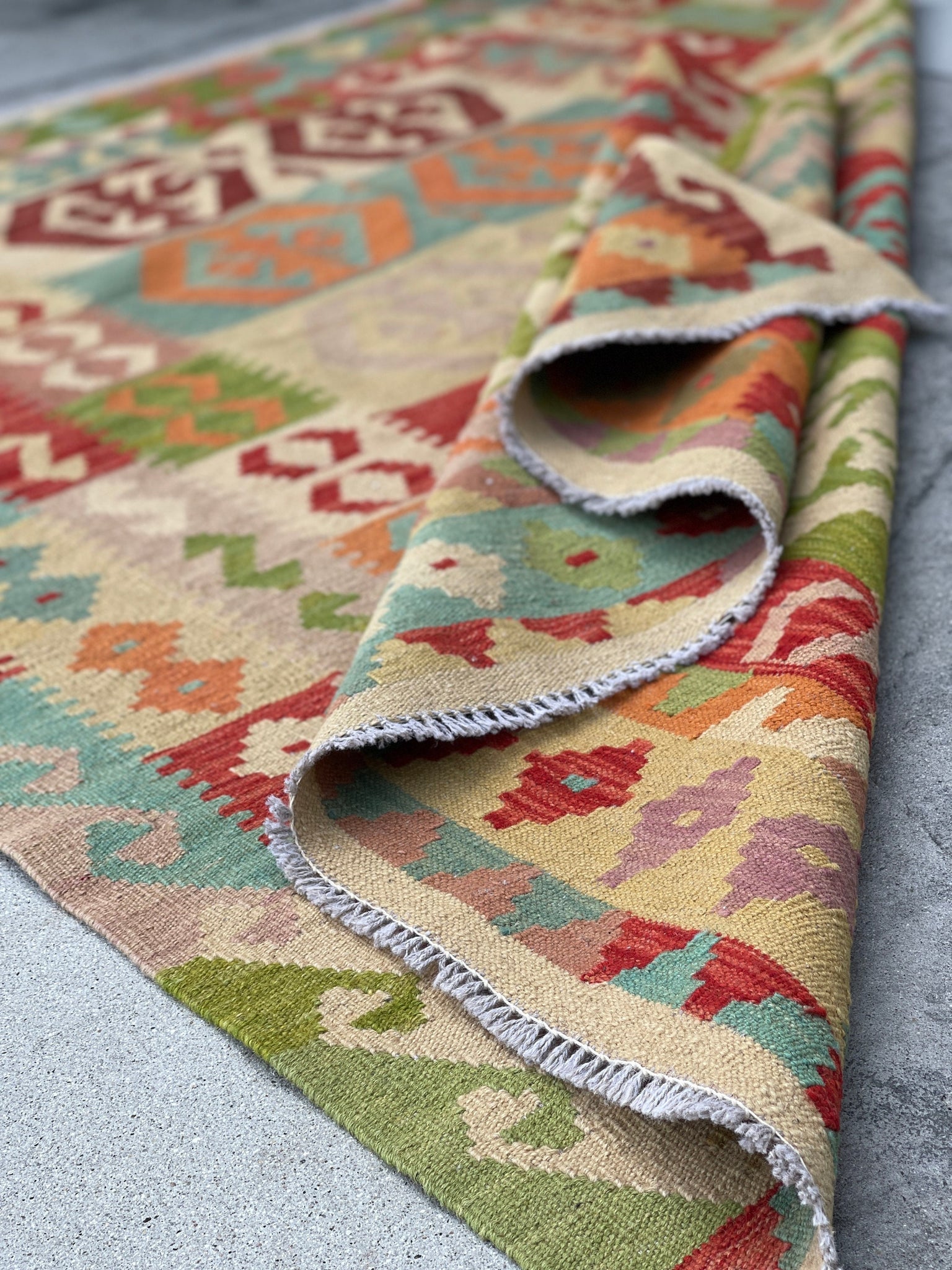 5x7 (150x215) Handmade Afghan Kilim Rug | Beige Orange Green Sky Blue Pink | Flatweave Boho Tribal Turkish Moroccan Oriental Wool Outdoor