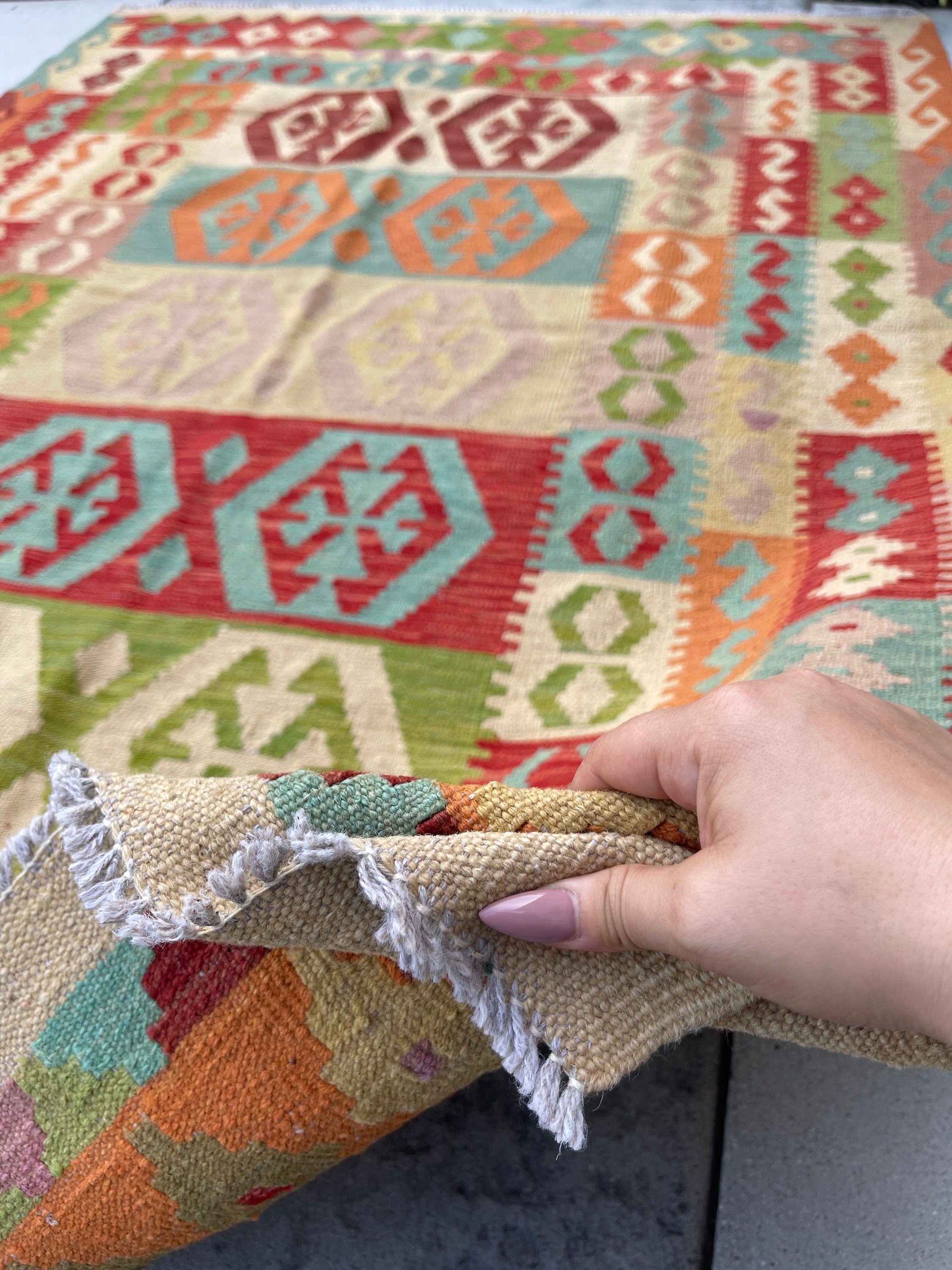 5x7 (150x215) Handmade Afghan Kilim Rug | Beige Orange Green Sky Blue Pink | Flatweave Boho Tribal Turkish Moroccan Oriental Wool Outdoor