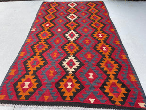 5x9 (150x275) Handmade Afghan Kilim Rug | Ruby Red Indigo Orange Beige | Hand Knotted Tribal Nomadic Turkish Moroccan Kilim Wool Persian