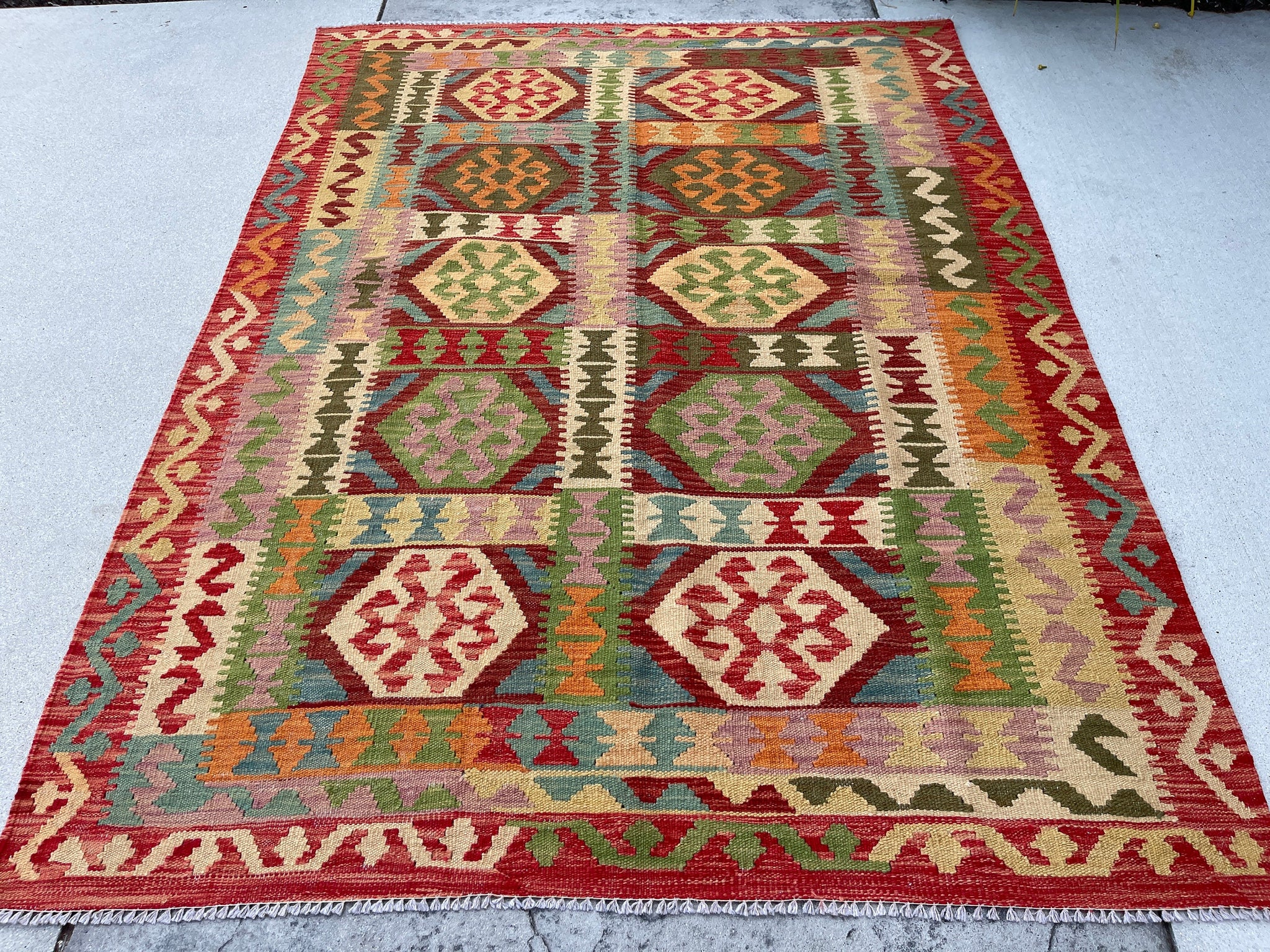 5x7 (150x215) Handmade Afghan Kilim Rug | Red Beige Orange Green Blue Salmon Pink | Flatweave Boho Tribal Turkish Moroccan Oriental Wool